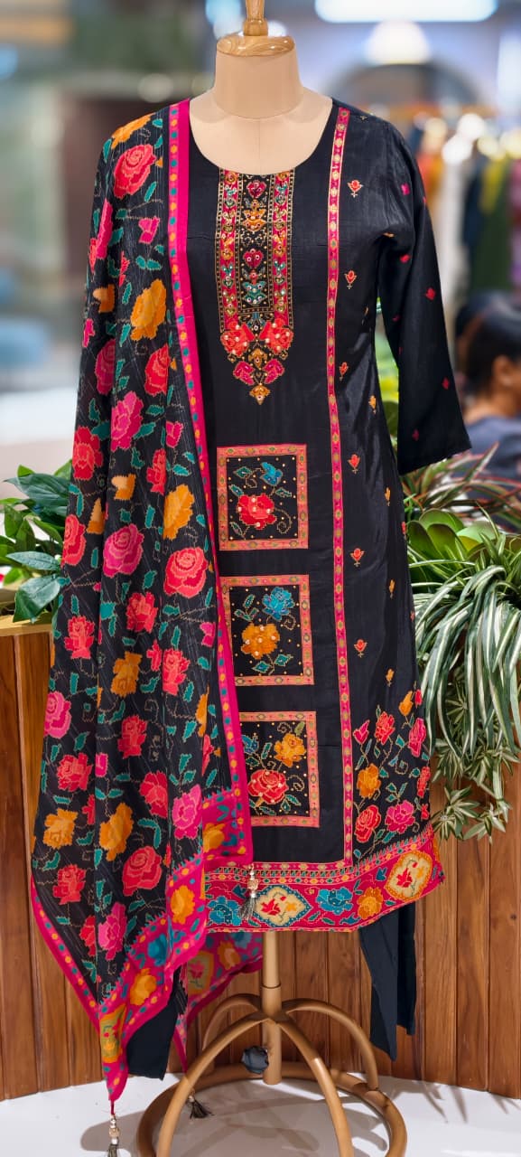 Midnight Bloom Intricate Multicolor Detailing Full Suit Set With Dupatta In Dola Silk Fabric- 13429