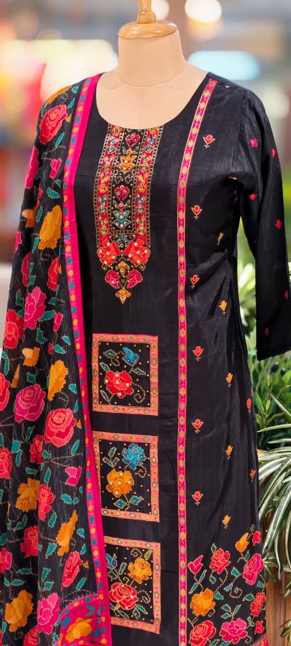 Midnight Bloom Intricate Multicolor Detailing Full Suit Set With Dupatta In Dola Silk Fabric- 13429