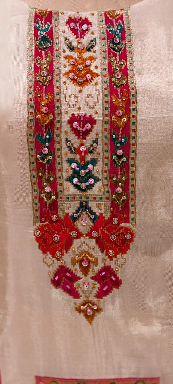 Midnight Bloom Intricate Multicolor Detailing Full Suit Set With Dupatta In Dola Silk Fabric- 13429