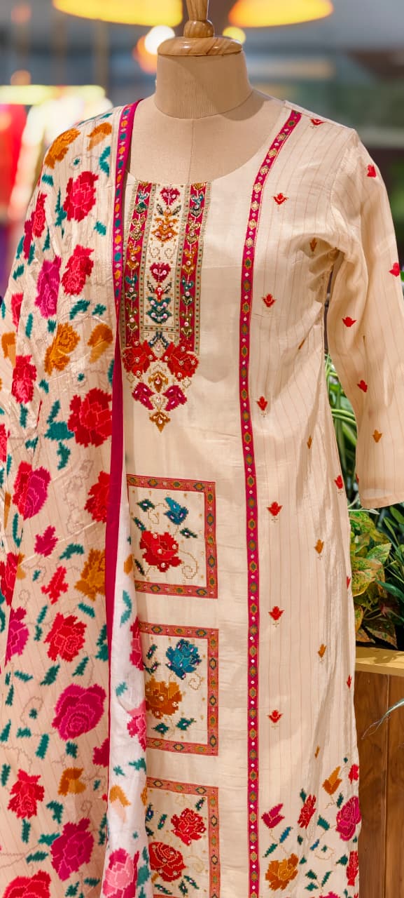 Midnight Bloom Intricate Multicolor Detailing Full Suit Set With Dupatta In Dola Silk Fabric- 13429