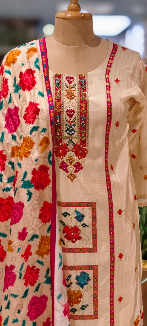 Midnight Bloom Intricate Multicolor Detailing Full Suit Set With Dupatta In Dola Silk Fabric- 13429