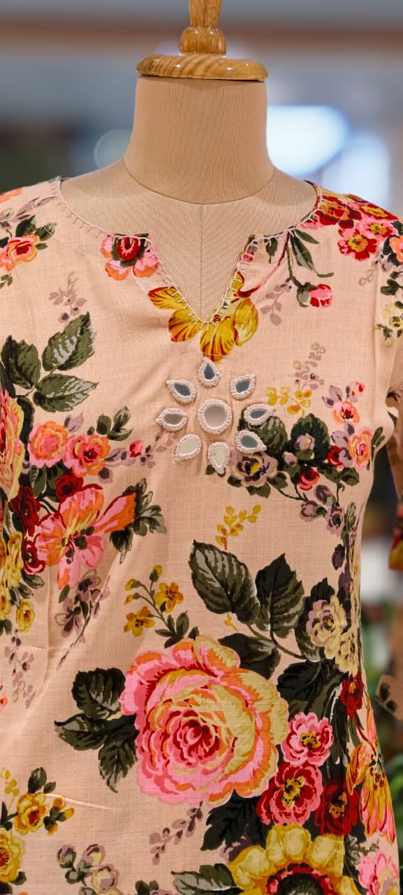 Digital Floral Print Real Mirror Front Work Kurta Pant Set In Flex Cotton Fabric- 13526