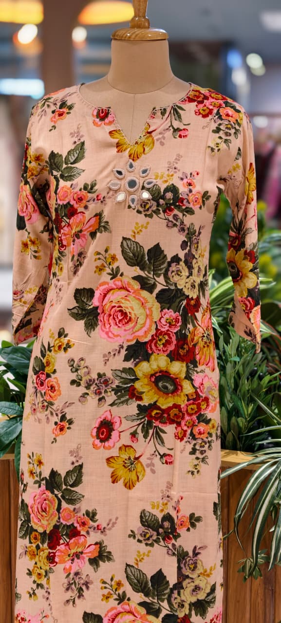 Digital Floral Print Real Mirror Front Work Kurta Pant Set In Flex Cotton Fabric- 13526