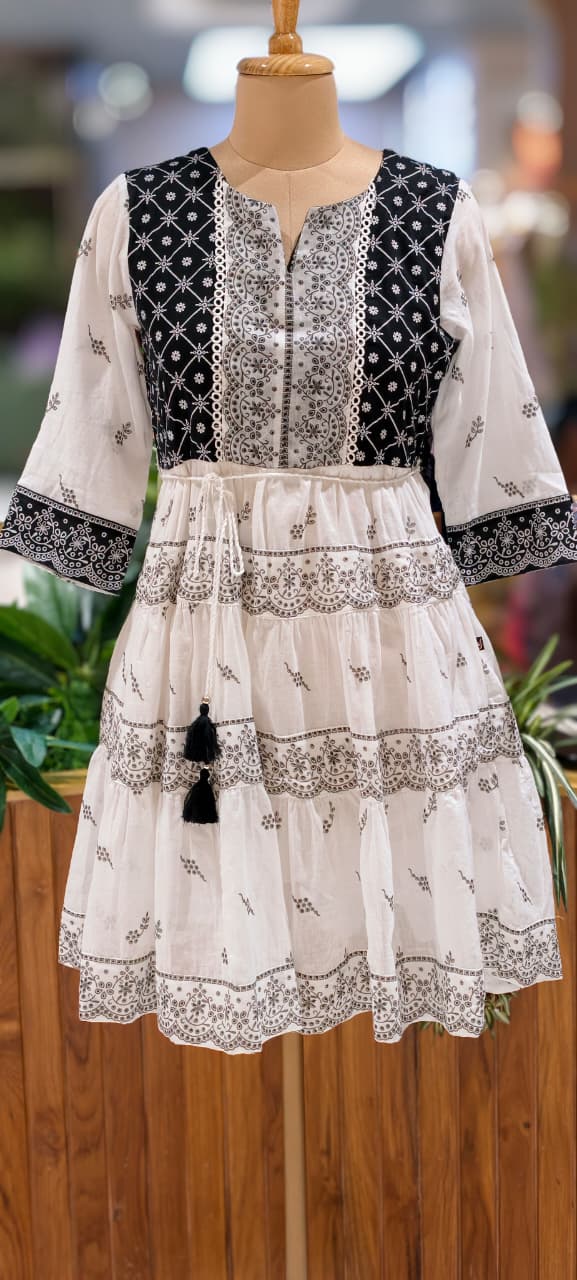 Vintage Lace Look Black & White Tiered Casual Wear Frock- 13517