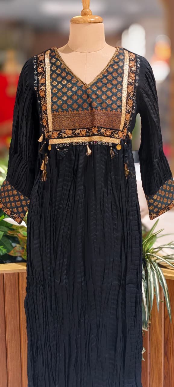 Stylish Pure Brocade Touch Designer Black Crush Look Kurta With Bottom- 13462