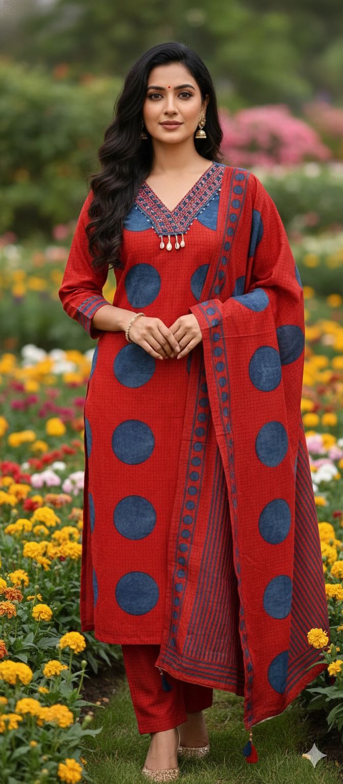 Beautiful Neck Line Coin Tassels Rounded Print Cotton Full Suit Set With Dupatta-13482