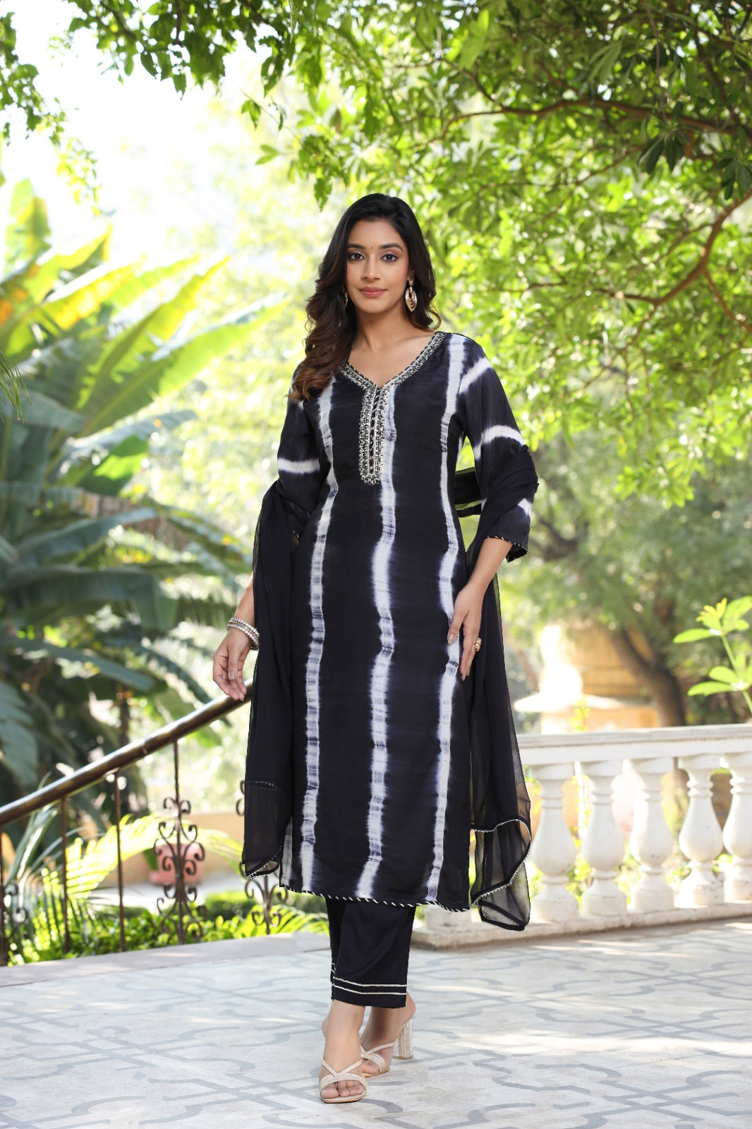Midnight Noir Streak Printed Black & White Full Suit Set With Dupatta In Muslin Fabric- 13484