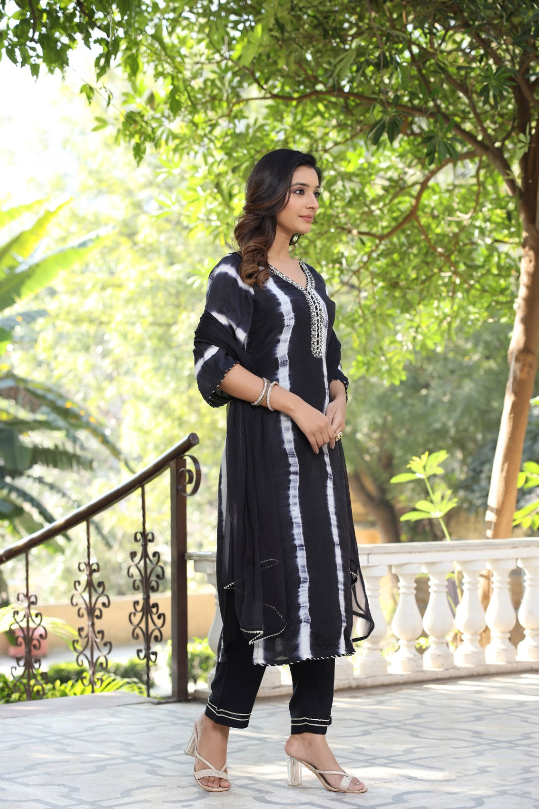 Midnight Noir Streak Printed Black & White Full Suit Set With Dupatta In Muslin Fabric- 13484