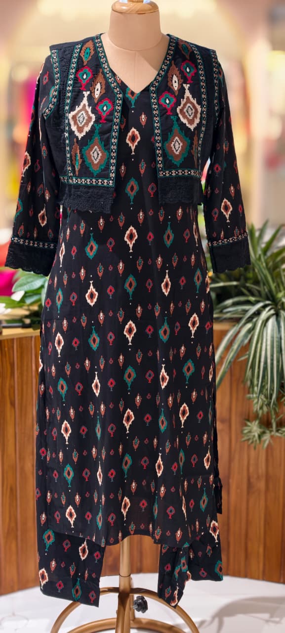 Thread Embroidered Cut-Work Laced Detechable Jacket With Printed Cotton Kurta Pant- 13586