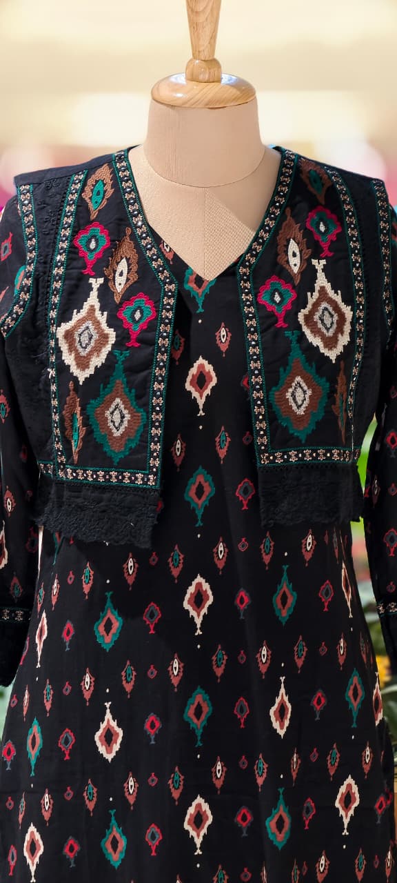 Thread Embroidered Cut-Work Laced Detechable Jacket With Printed Cotton Kurta Pant- 13586