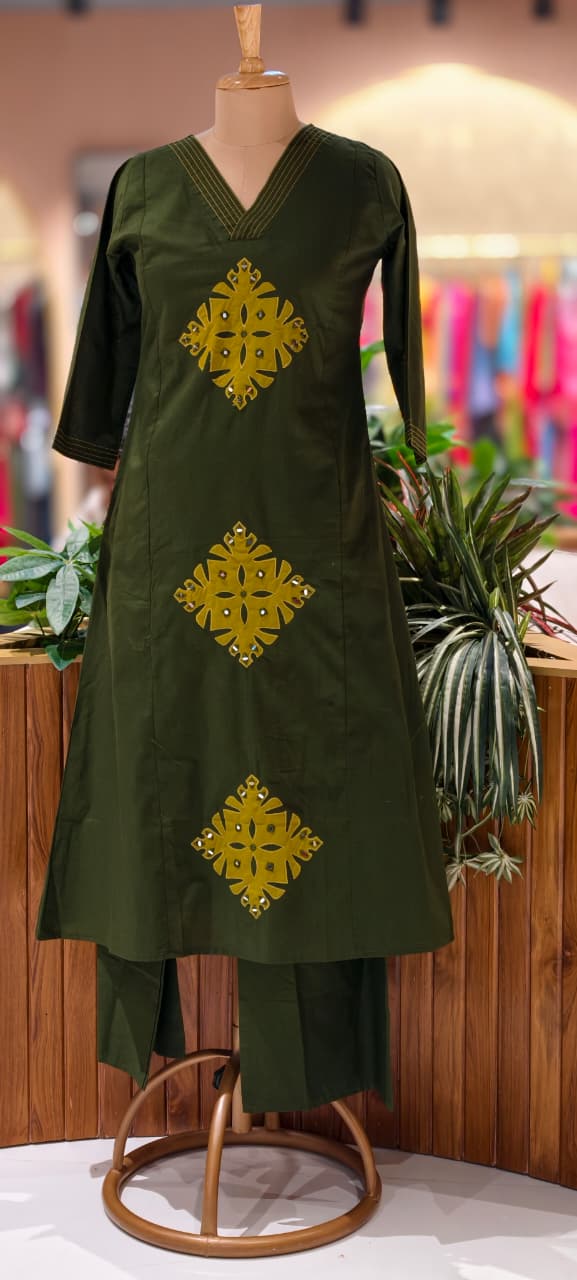 Smart Embroidery Pleated V-Neck A-Line Cotton Kurta Pant Set- 13549