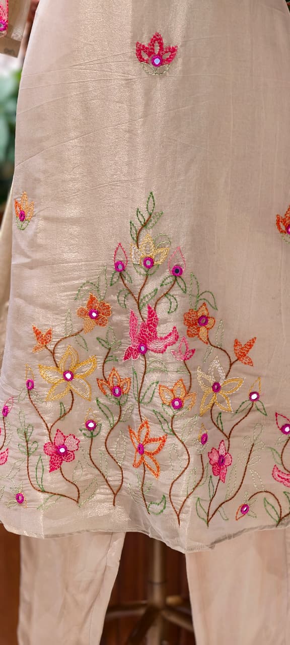 Grand Floral Katha Stich Thread Embroidery A-Line Full Suit Set With Dupatta In Tissue Fabric- 13451