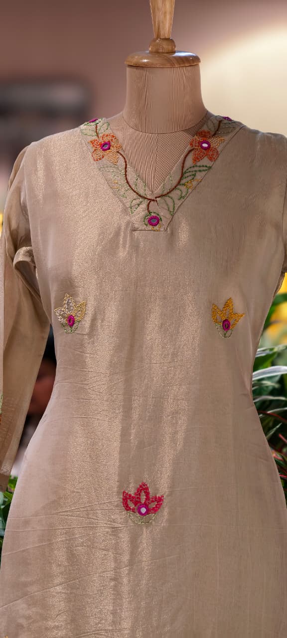 Grand Floral Katha Stich Thread Embroidery A-Line Full Suit Set With Dupatta In Tissue Fabric- 13451