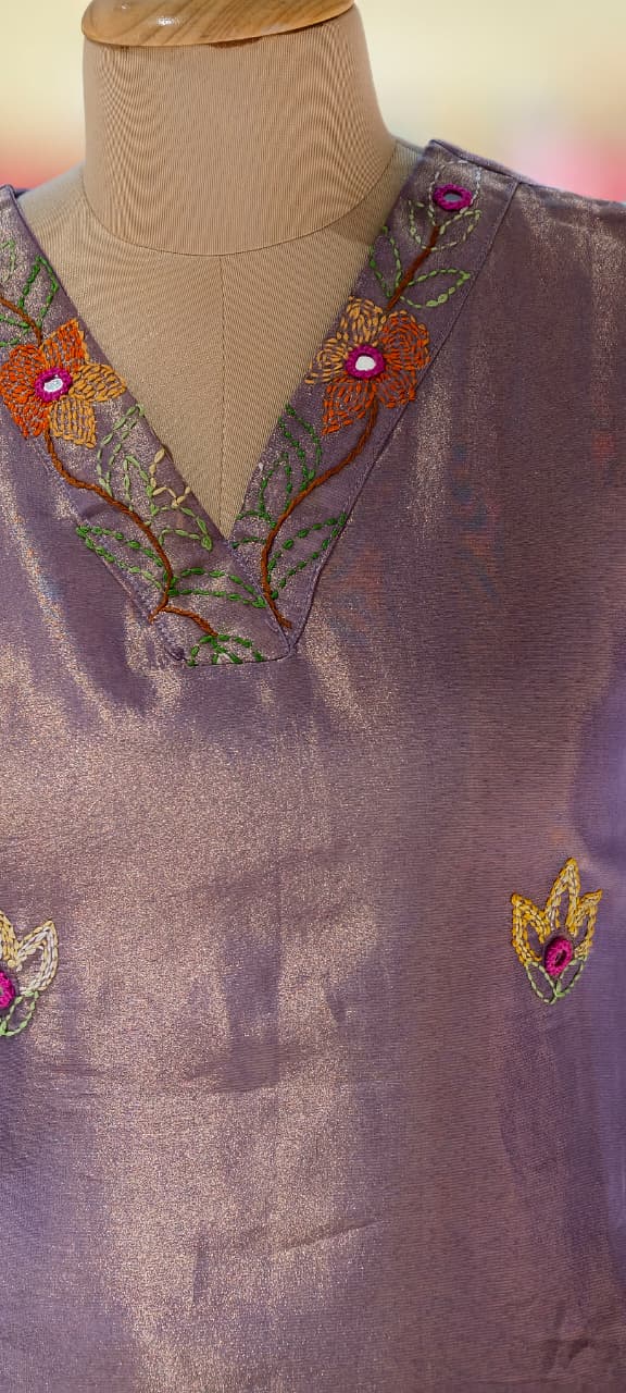Grand Floral Katha Stich Thread Embroidery A-Line Full Suit Set With Dupatta In Tissue Fabric- 13451