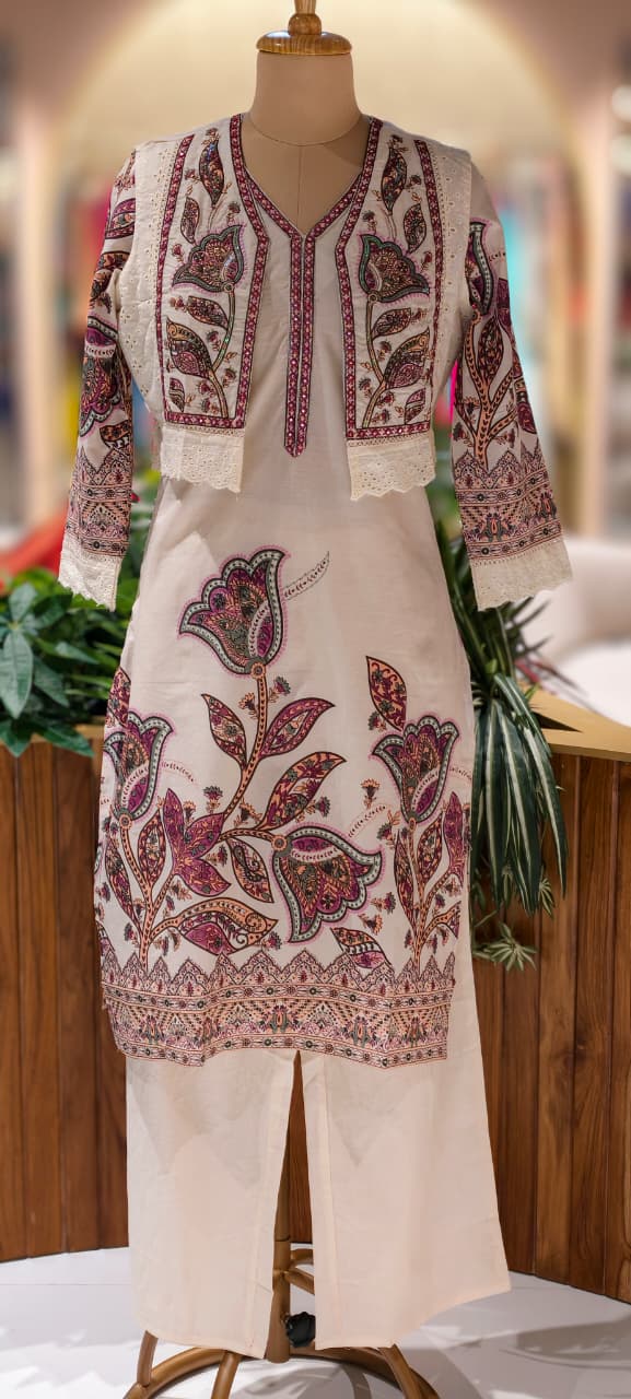 Thread Embroidered Cut-Work Laced Detechable Jacket With Printed Cotton Kurta Pant- 13586