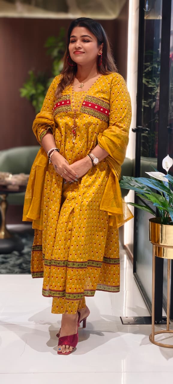Traditional Printed Ethnic Cotton Anarkali Full Suit Set With Dupatta- 13582