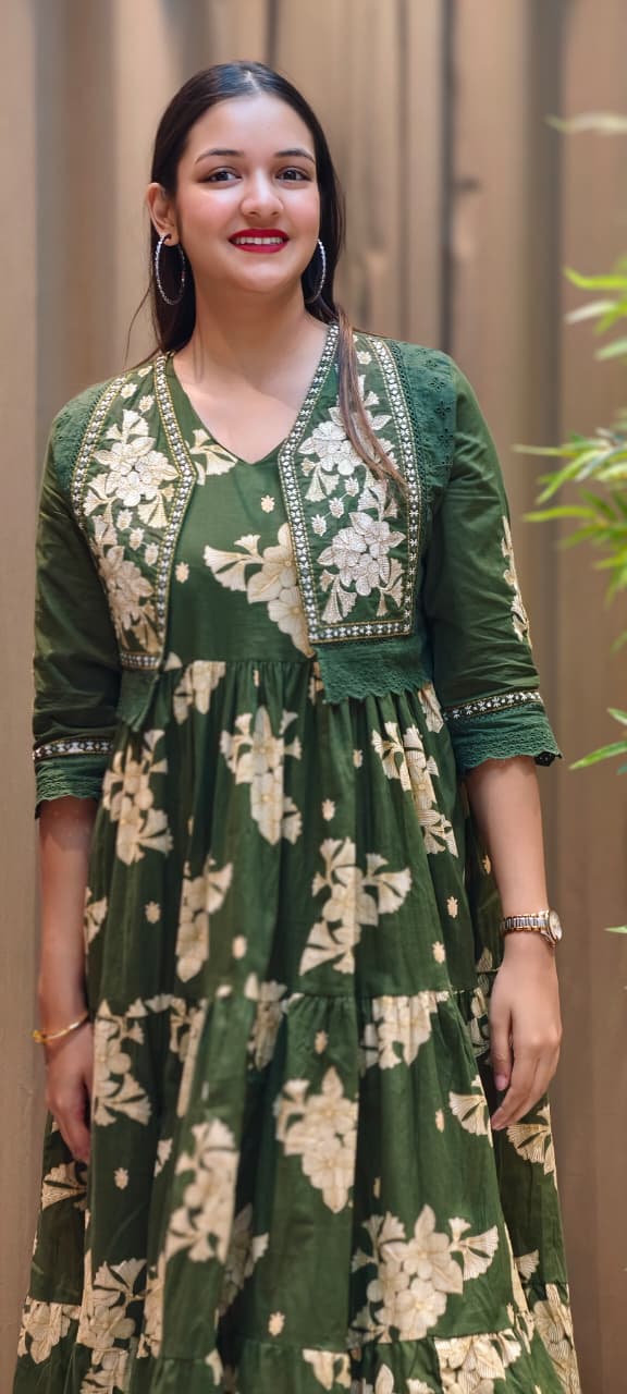 Beautiful Cut-Works Lace Bordered Jacket With Printed Gown In Cotton Fabric- 13588