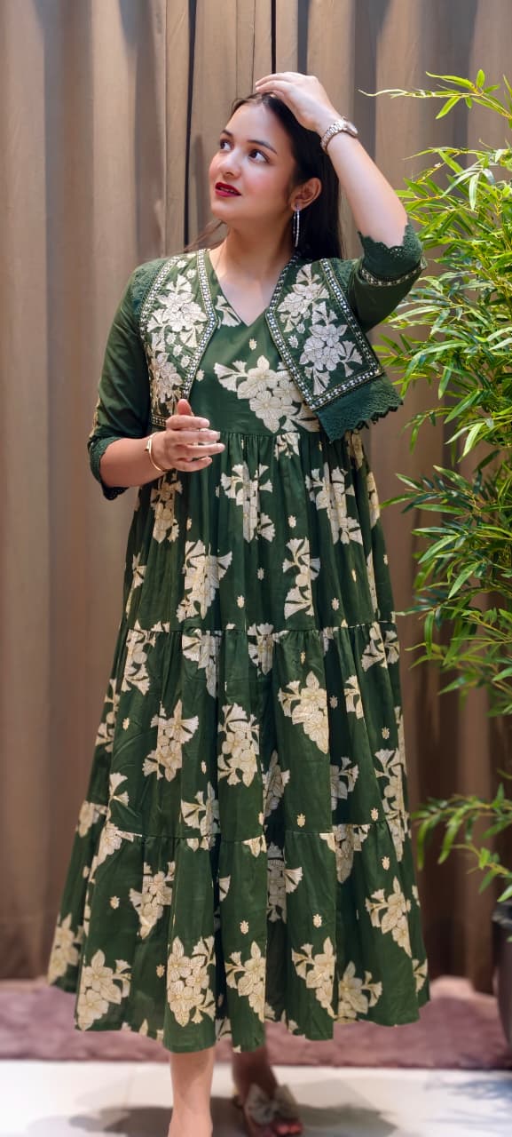 Beautiful Cut-Works Lace Bordered Jacket With Printed Gown In Cotton Fabric- 13588