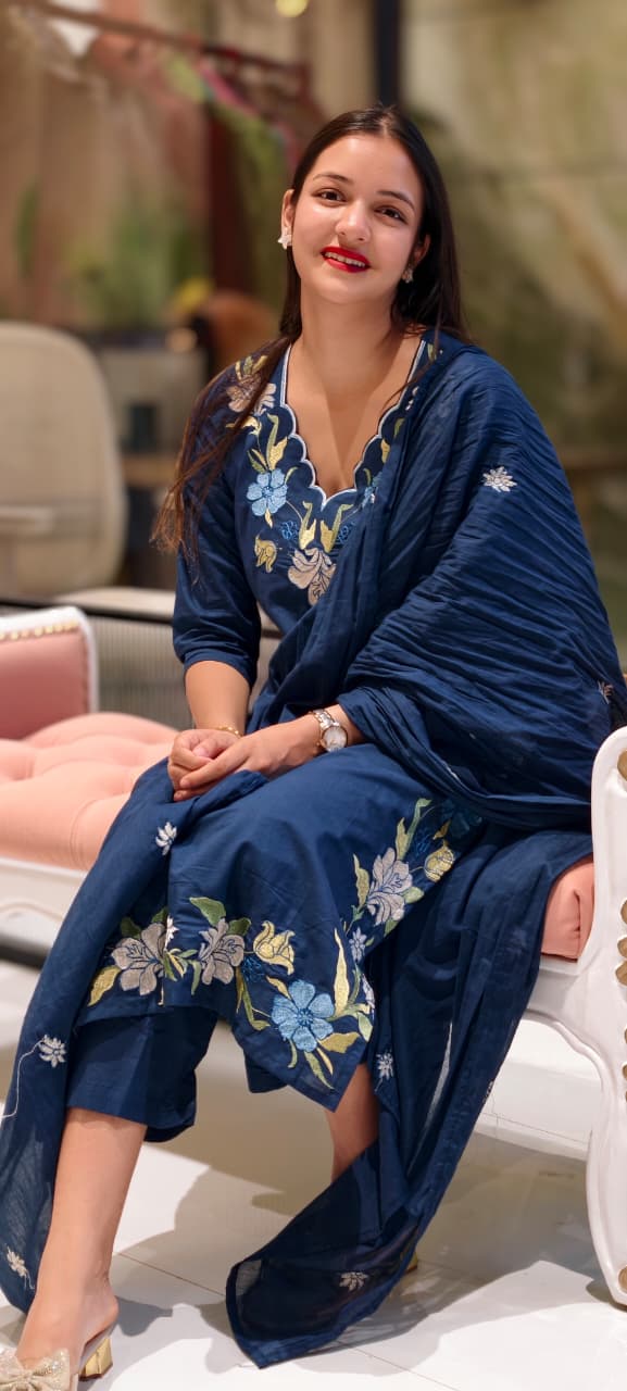 Uniquely Floral Embroidered Cut-Work Neck & Slit Line Solid Full Suit Set With Dupatta In Cotton Fabric- 13497