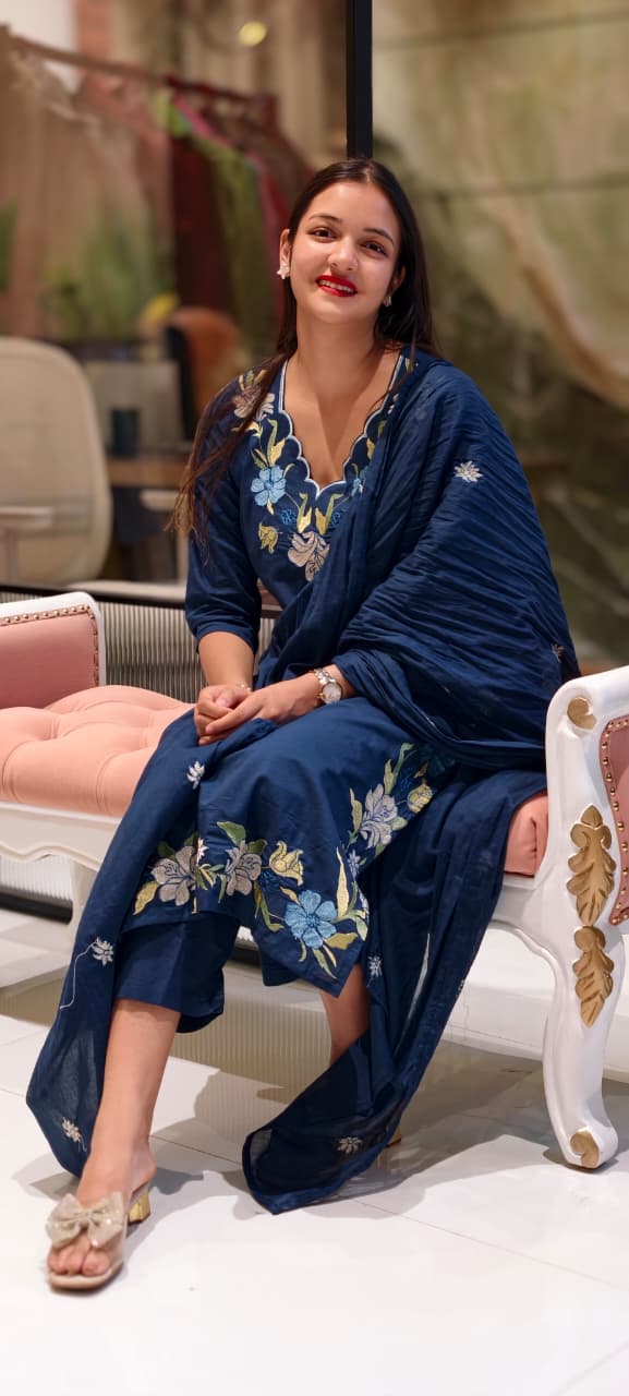 Uniquely Floral Embroidered Cut-Work Neck & Slit Line Solid Full Suit Set With Dupatta In Cotton Fabric- 13497