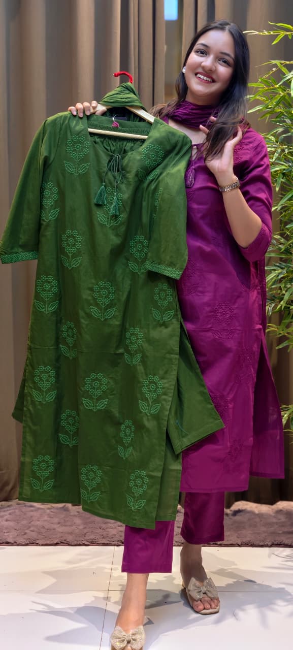 Floral Thread Embroidered Solid Smart Look Cotton Full Suit Set With Dupatta- 13455