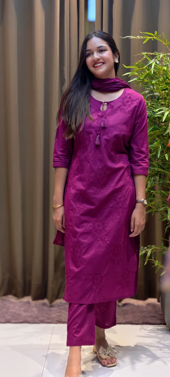 Floral Thread Embroidered Solid Smart Look Cotton Full Suit Set With Dupatta- 13455