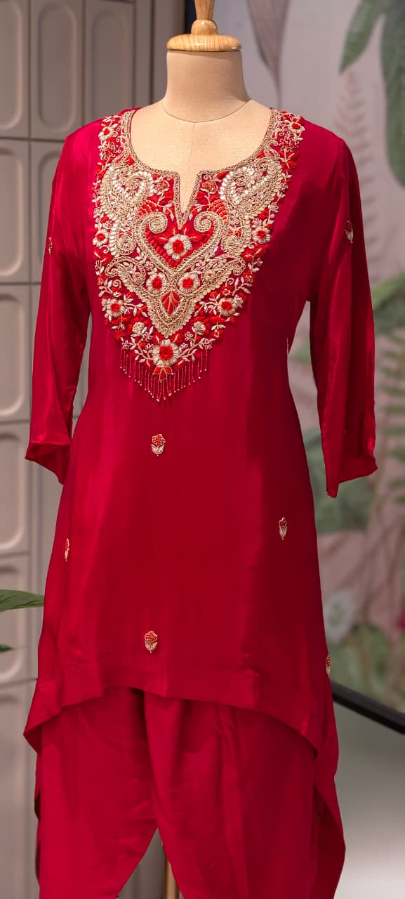 Zardozi Work Premium Hand Embroidery Tasseled Yoke High Low Kurta With Plain Bottom- 13259