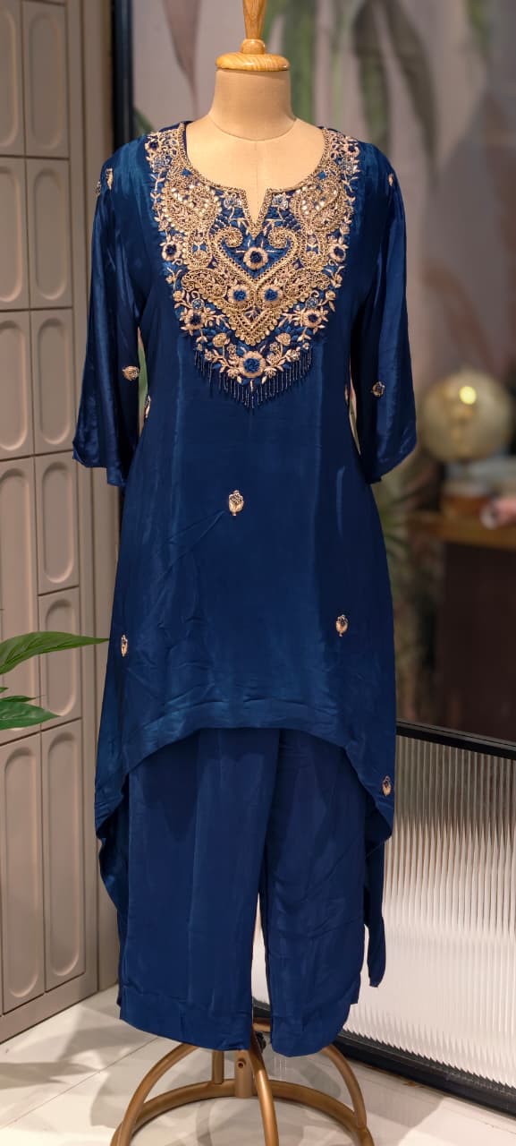 Zardozi Work Premium Hand Embroidery Tasseled Yoke High Low Kurta With Plain Bottom- 13259
