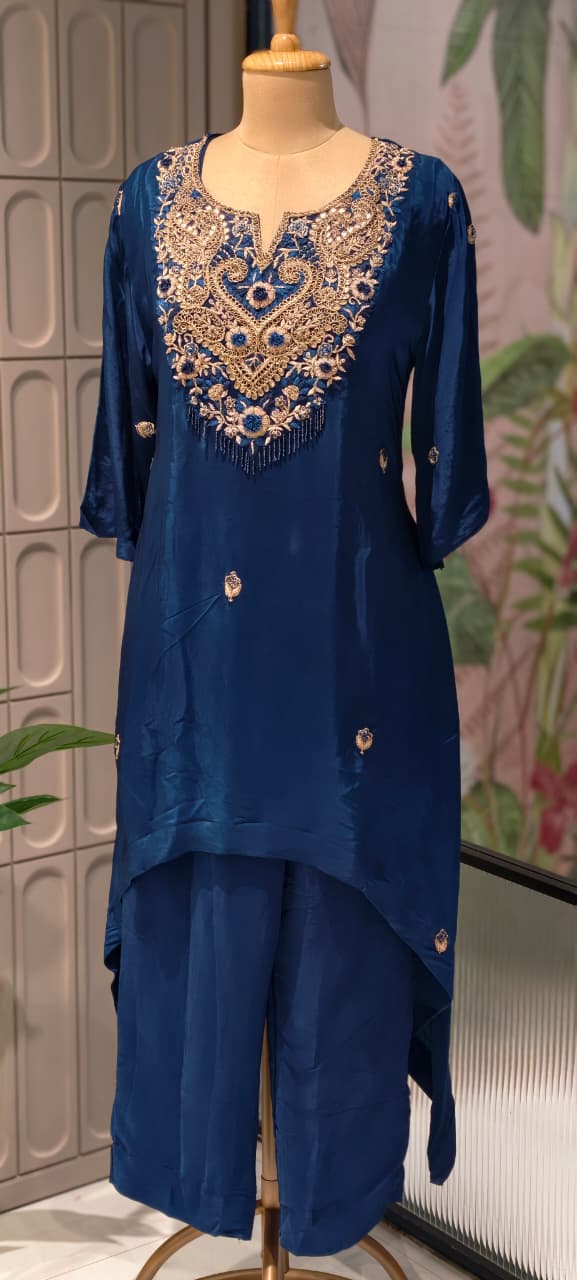 Zardozi Work Premium Hand Embroidery Tasseled Yoke High Low Kurta With Plain Bottom- 13259