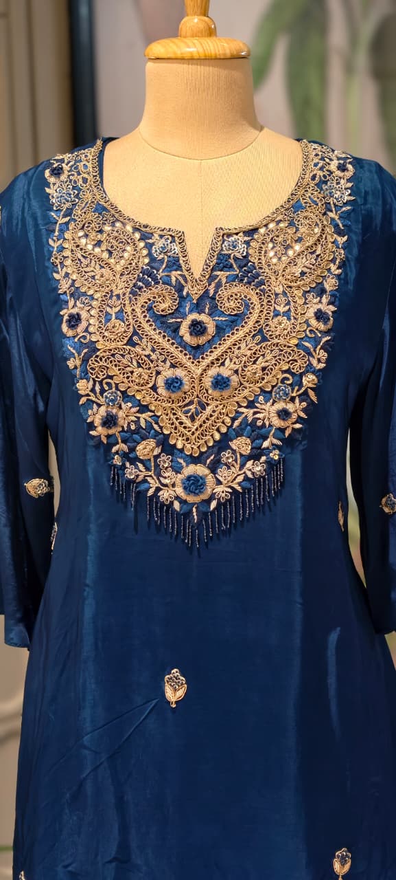 Zardozi Work Premium Hand Embroidery Tasseled Yoke High Low Kurta With Plain Bottom- 13259