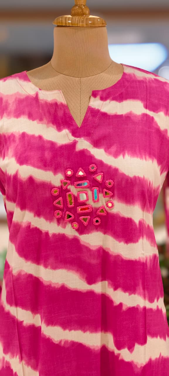 Real Mirror Embroidery Upwork Yoke Striking Striped Twin Color Cotton Kurti Only- 113524