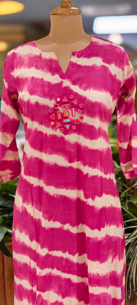 Real Mirror Embroidery Upwork Yoke Striking Striped Twin Color Cotton Kurti Only- 113524