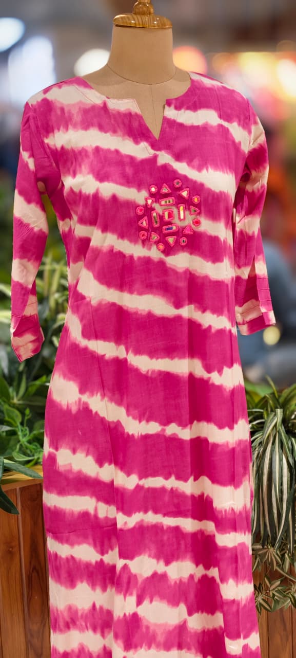 Real Mirror Embroidery Upwork Yoke Striking Striped Twin Color Cotton Kurti Only- 113524