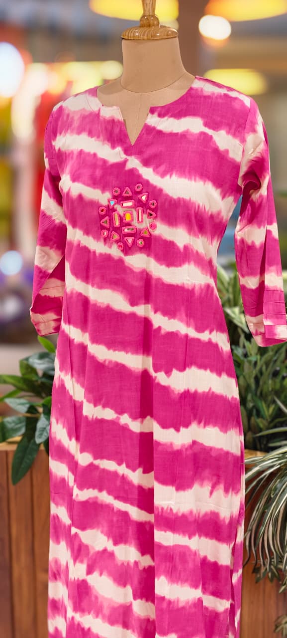 Real Mirror Embroidery Upwork Yoke Striking Striped Twin Color Cotton Kurti Only- 113524