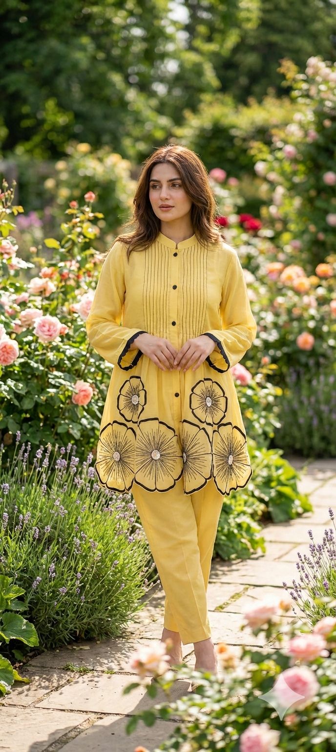 3D Floral Patch Look Pleated Front Design Matching Co-Ord Set In Organza Fabric-13612