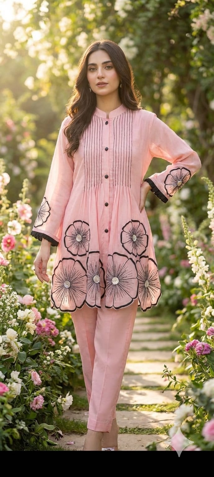 3D Floral Patch Look Pleated Front Design Matching Co-Ord Set In Organza Fabric-13612