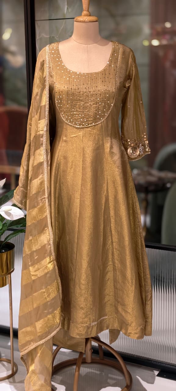 Very Elegant Sequin Pleated U-Yoke & Sleeve Panel Tissue Anarkali Full Suit Set With Dupatta- 13607