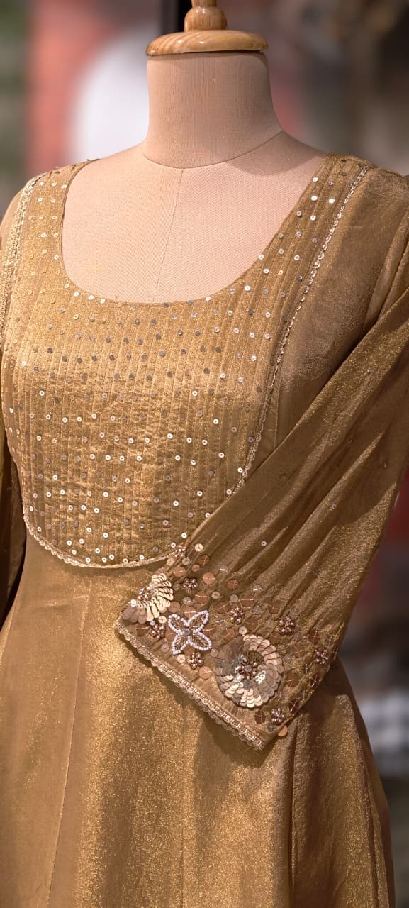 Very Elegant Sequin Pleated U-Yoke & Sleeve Panel Tissue Anarkali Full Suit Set With Dupatta- 13607