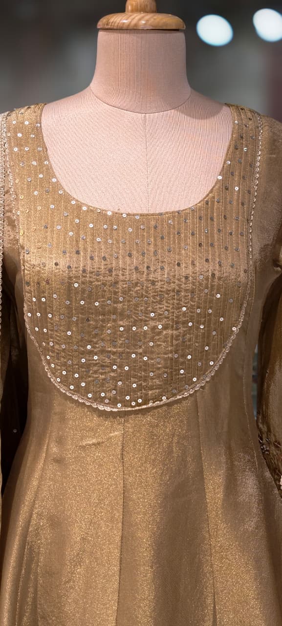 Very Elegant Sequin Pleated U-Yoke & Sleeve Panel Tissue Anarkali Full Suit Set With Dupatta- 13607