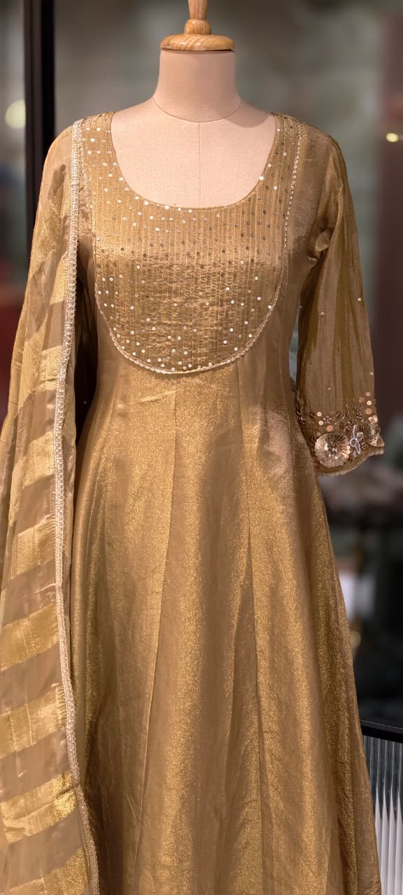 Very Elegant Sequin Pleated U-Yoke & Sleeve Panel Tissue Anarkali Full Suit Set With Dupatta- 13607