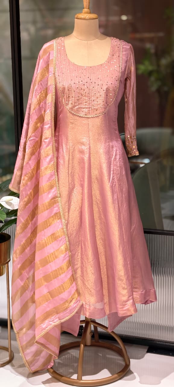 Very Elegant Sequin Pleated U-Yoke & Sleeve Panel Tissue Anarkali Full Suit Set With Dupatta- 13607