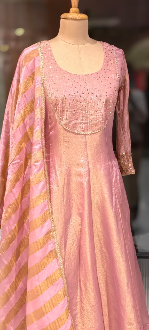 Very Elegant Sequin Pleated U-Yoke & Sleeve Panel Tissue Anarkali Full Suit Set With Dupatta- 13607