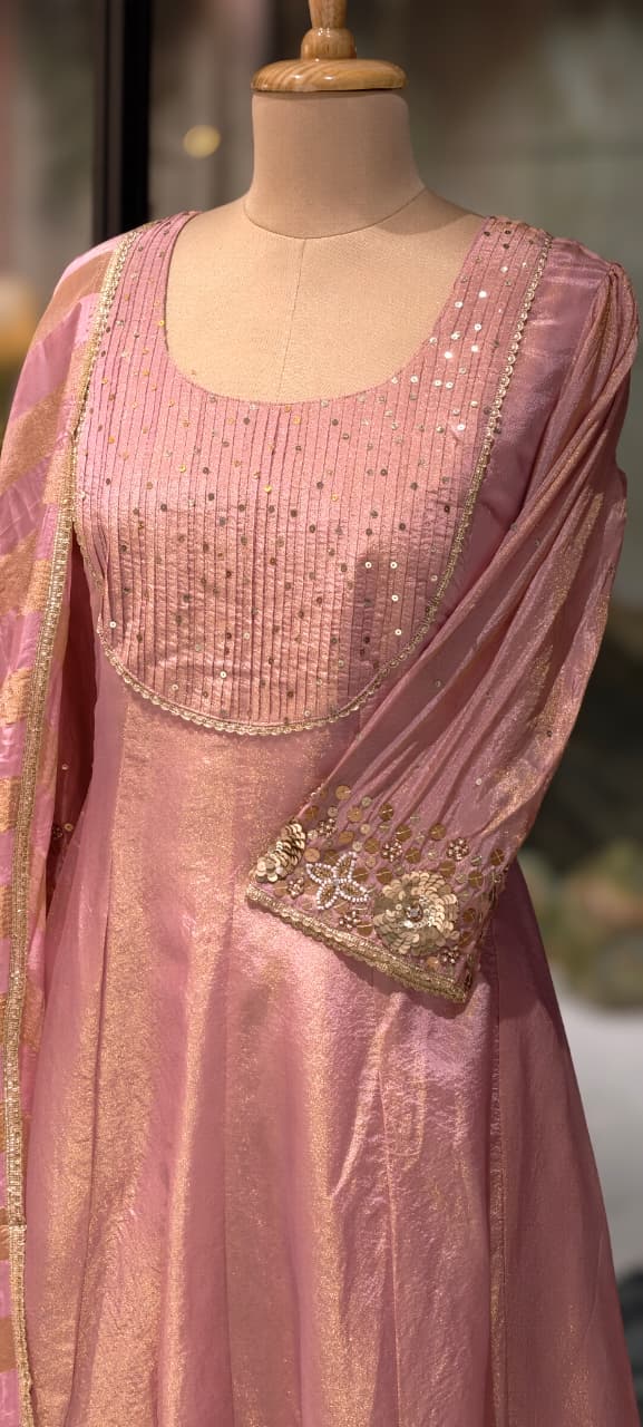 Very Elegant Sequin Pleated U-Yoke & Sleeve Panel Tissue Anarkali Full Suit Set With Dupatta- 13607