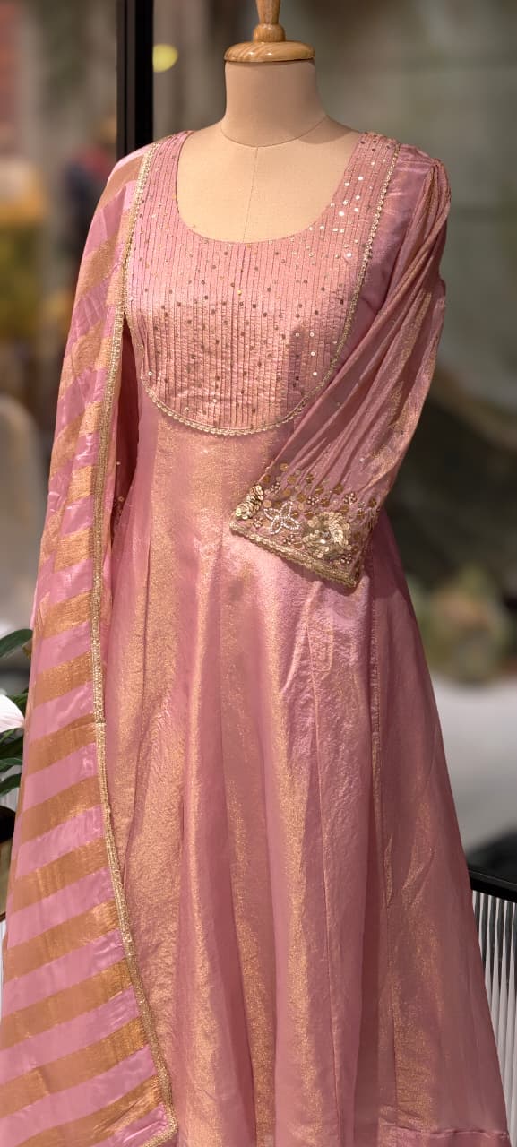 Very Elegant Sequin Pleated U-Yoke & Sleeve Panel Tissue Anarkali Full Suit Set With Dupatta- 13607