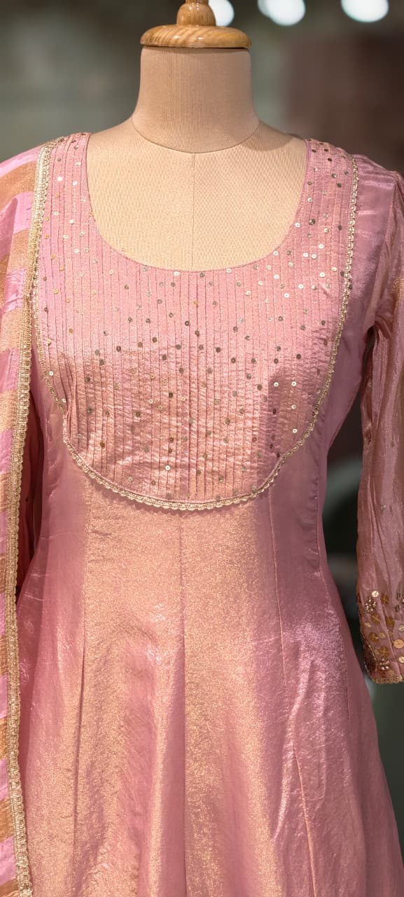 Very Elegant Sequin Pleated U-Yoke & Sleeve Panel Tissue Anarkali Full Suit Set With Dupatta- 13607