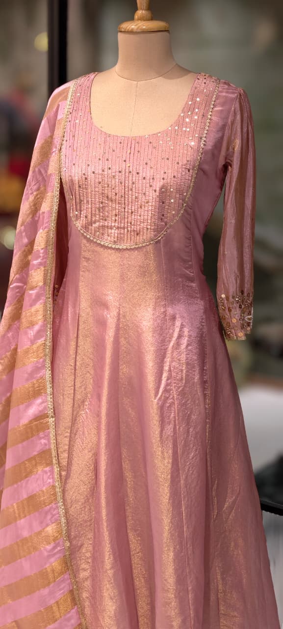 Very Elegant Sequin Pleated U-Yoke & Sleeve Panel Tissue Anarkali Full Suit Set With Dupatta- 13607