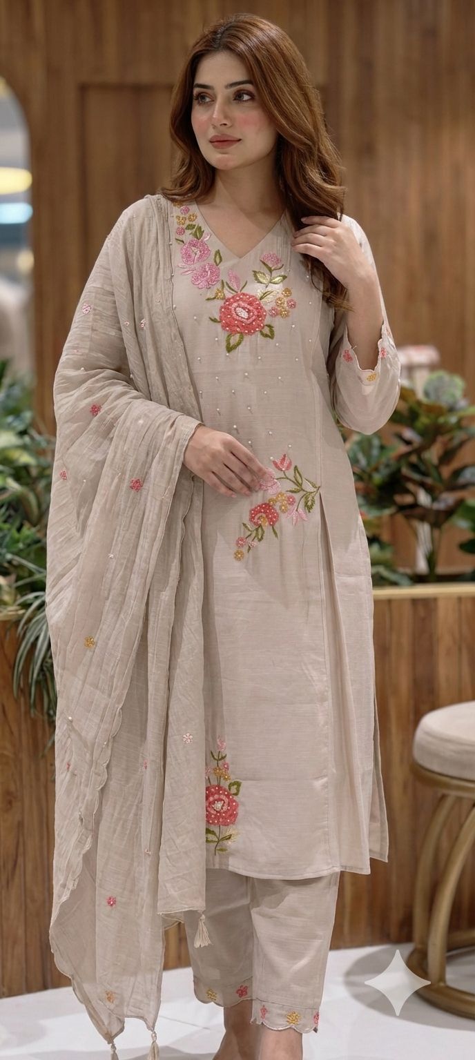 Slightly Lean Fit Suttle Floral Embroidery With Pearl Upwork A-Line Full Suit Set With Dupatta In Surat Mul Chanderi Fabric- 13609 (Slightly Lean Fit)