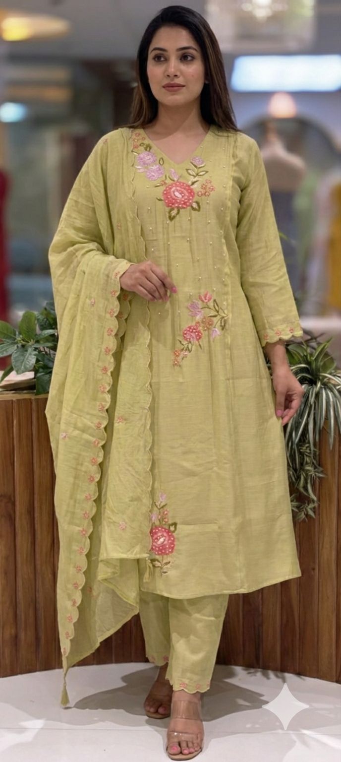 Slightly Lean Fit Suttle Floral Embroidery With Pearl Upwork A-Line Full Suit Set With Dupatta In Surat Mul Chanderi Fabric- 13609 (Slightly Lean Fit)