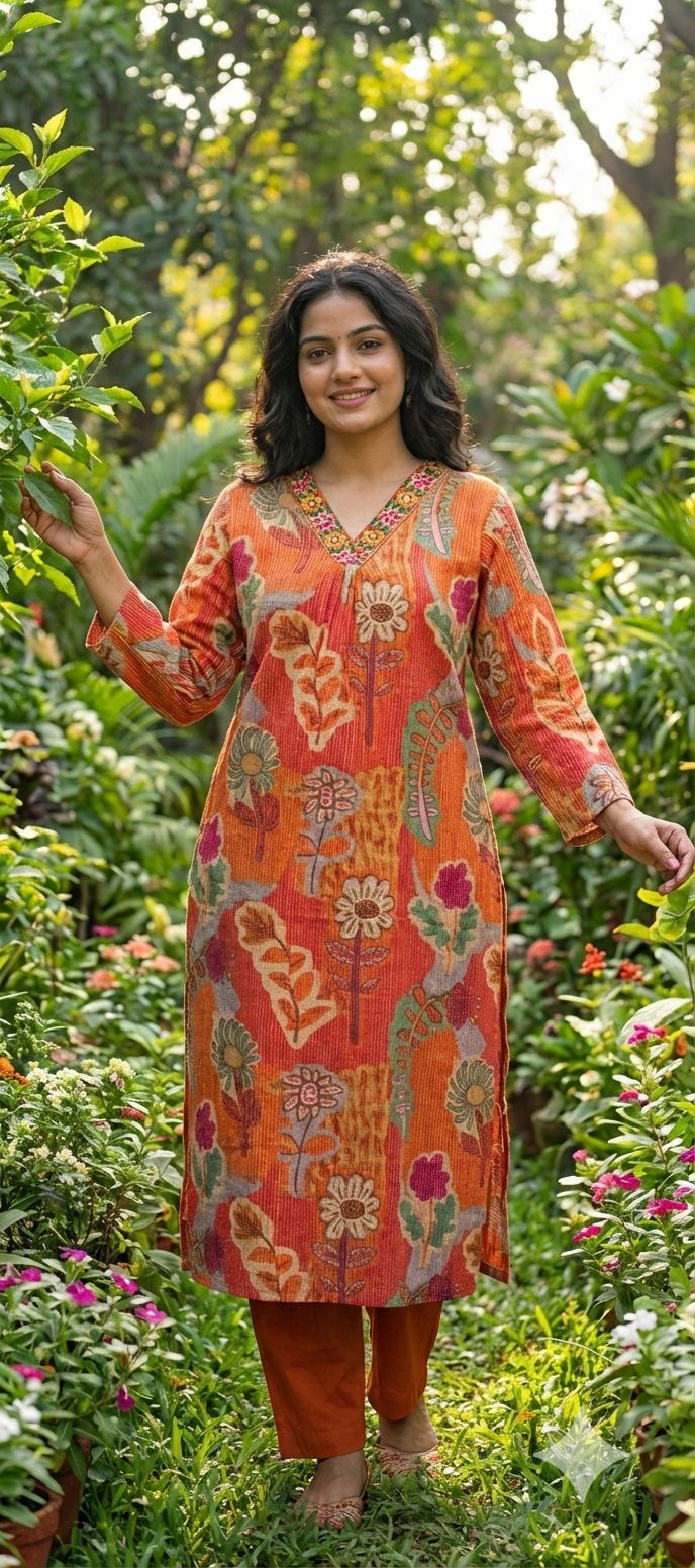 Cute Floral Patch Artistry Print Kurta Pant Set In Cotton Fabric- 13470