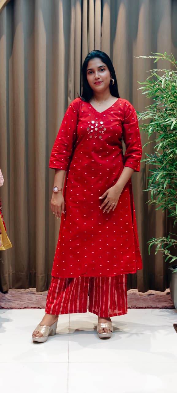 Real Mirror Thread Intricate Embroidery Upwork Matching Kurta Pant Set In Cotton Fabric